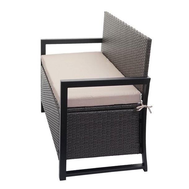 Havebnk og hyndeboks - gr polyrattan med beige hynde - 2 personer