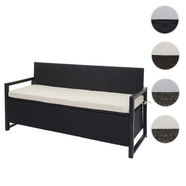 Havebnk og hyndeboks - sort polyrattan med creme hynde - 3 personer