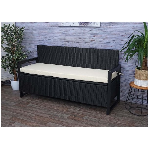 Havebnk og hyndeboks - sort polyrattan med creme hynde - 3 personer