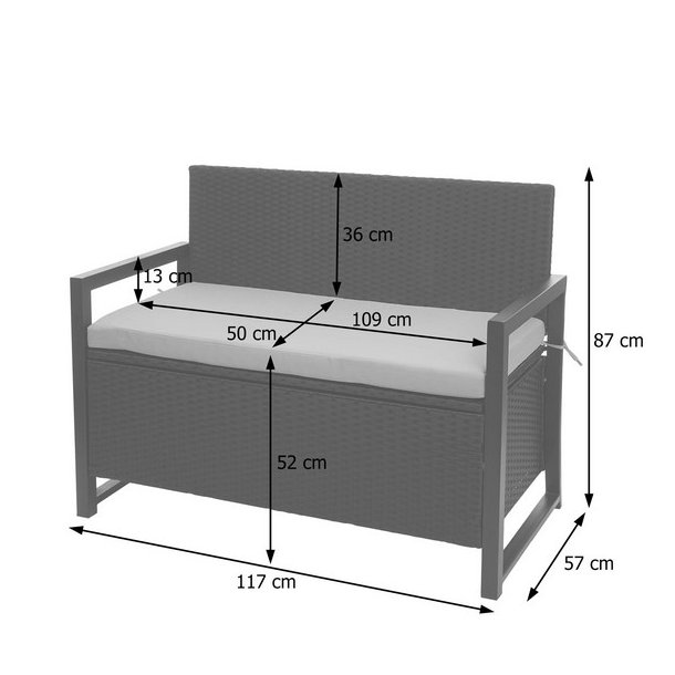 Havebnk og hyndeboks - sort polyrattan med gr hynde - 2 personer