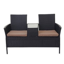 Polyrattan havebnk med bord - sort 2 personers havesofa 132 cm