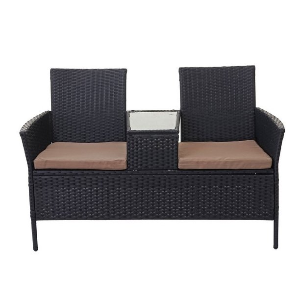 Polyrattan havebnk med bord - sort 2 personers havesofa 132 cm