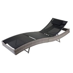 Polyrattan solseng - gr� polyrattan liggestol med sort stof