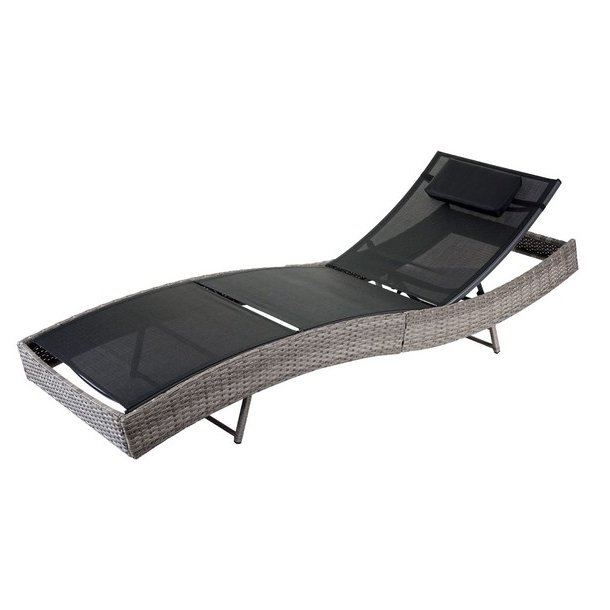 Polyrattan solseng - gr� polyrattan liggestol med sort stof