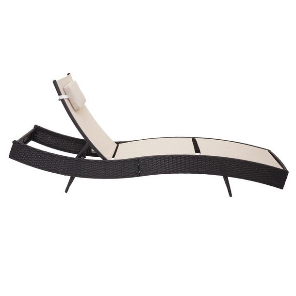 Polyrattan solseng - sort polyrattan liggestol med creme/hvid stof