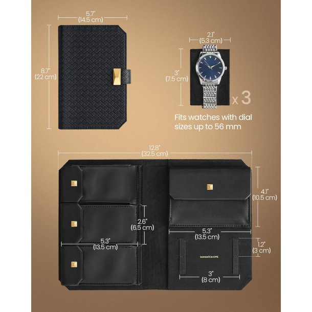 Rejseetui i kunstl�der til 3 ure - sort rejsetaske til ure