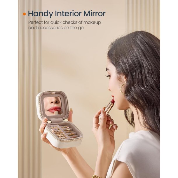 Smykkeskrin med spejl - kompakt rejseskrin til smykker - hvid