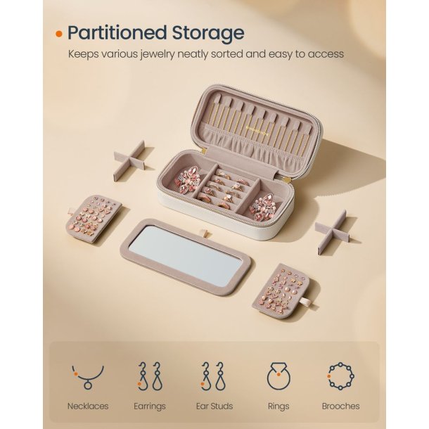 Smykkeskrin med spejl - kompakt rejseskrin til smykker - hvid