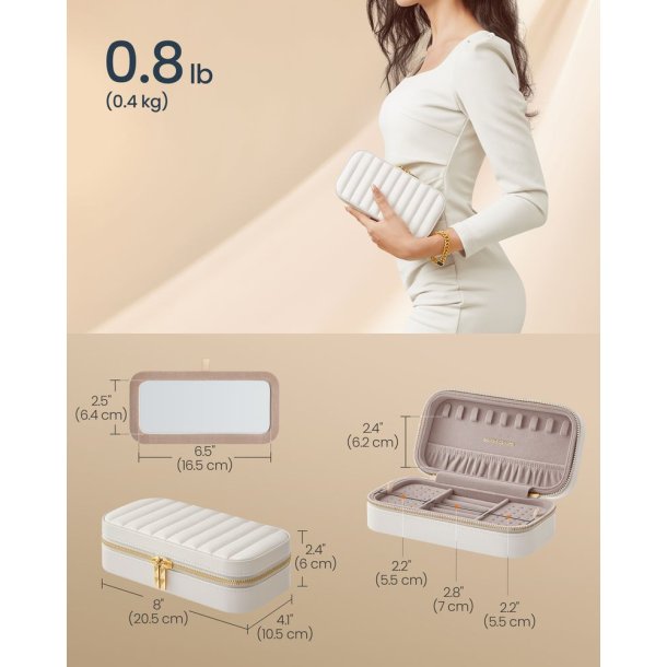 Smykkeskrin med spejl - kompakt rejseskrin til smykker - hvid