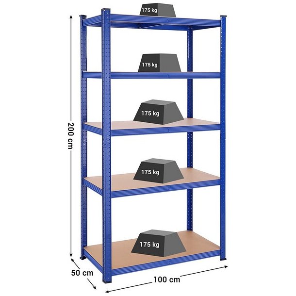 St�lreol med 5 hylder - lagerreol - bl� reol 200 x 100 x 50