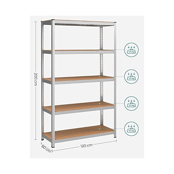 St�lreol med 5 hylder - lagerreol - s�lv reol 200 x 120 x 60