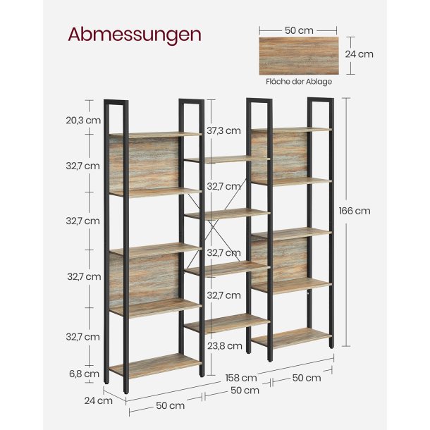 Reol - stor stuereol i industrielt design - brun 158x24x166