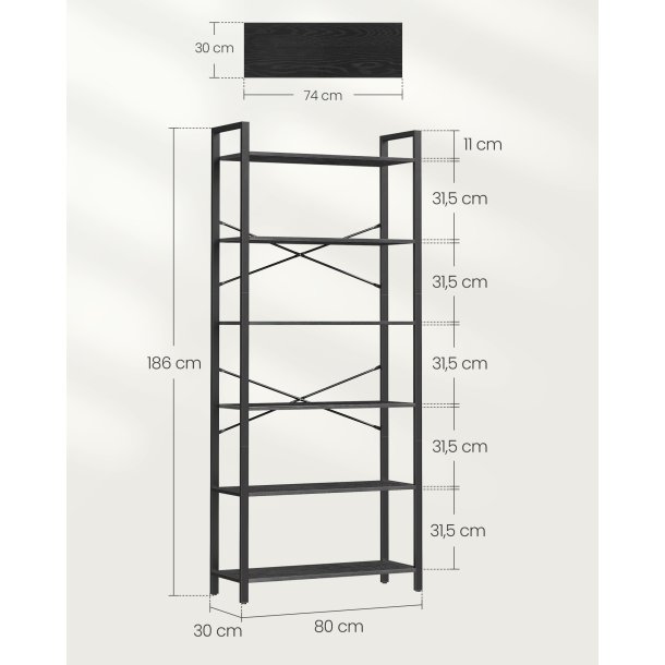Reol - stuereol i industrielt design - sort 186 x 80 x 30