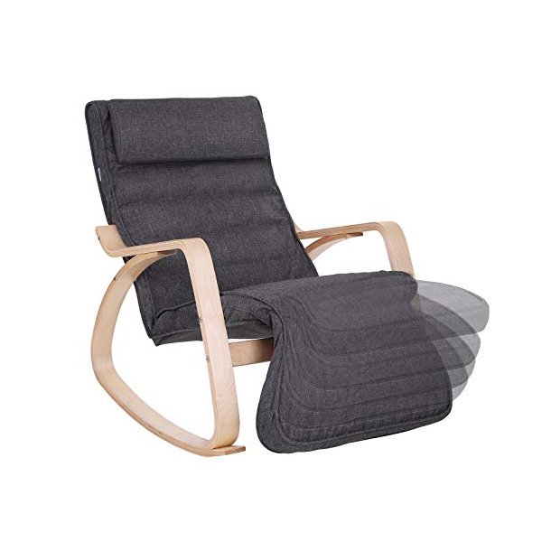 Gyngestol i birketr� med justerbar fodst�tte - m�rkegr� stof