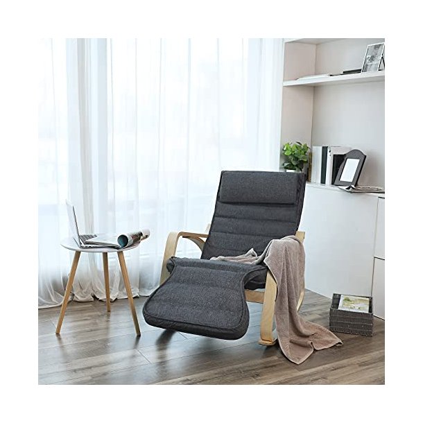 Gyngestol i birketr� med justerbar fodst�tte - m�rkegr� stof