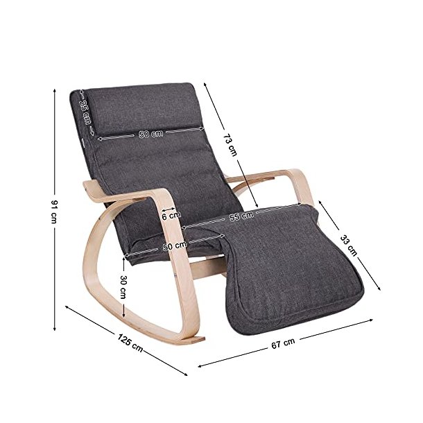 Gyngestol i birketr� med justerbar fodst�tte - m�rkegr� stof