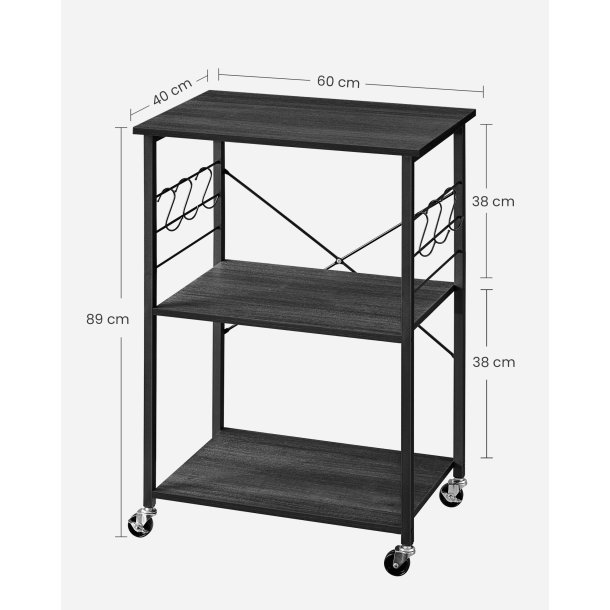 Rullebord med 3 hylder - k�kkenvogn - sort 60x40x89