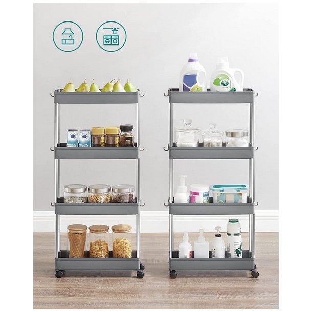 Rullevogn - gr� opbevaringsvogn med 4 hylder 40 x 22 x 86