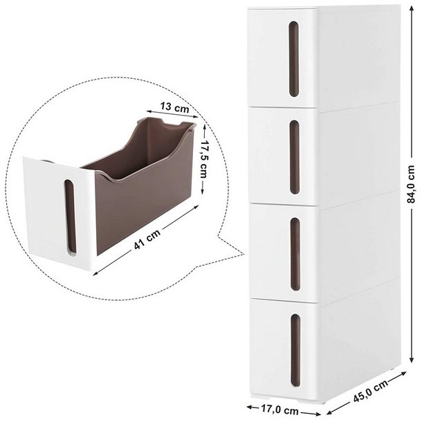 Opbevaringsvogn - smal hvid rullevogn med 4 skuffer 45x17x84