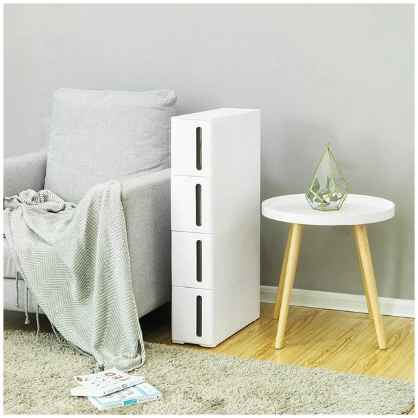 Opbevaringsvogn - smal hvid rullevogn med 4 skuffer 45x17x84