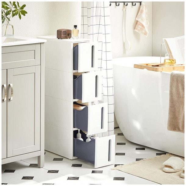 Opbevaringsvogn - smal hvid rullevogn med 4 skuffer 45x17x84