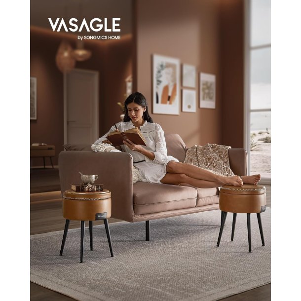 Puf med opbevaring - rund skammel - fodskammel - brun s�de �32