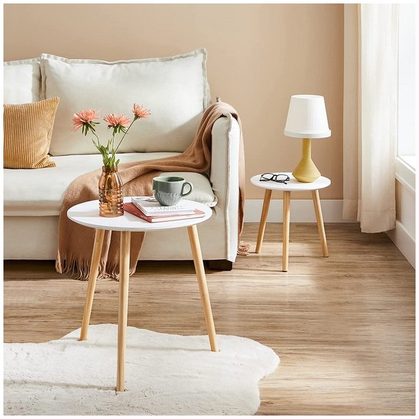 Indskudsborde - 2 runde sideborde - hvid/brun sofabordss�t