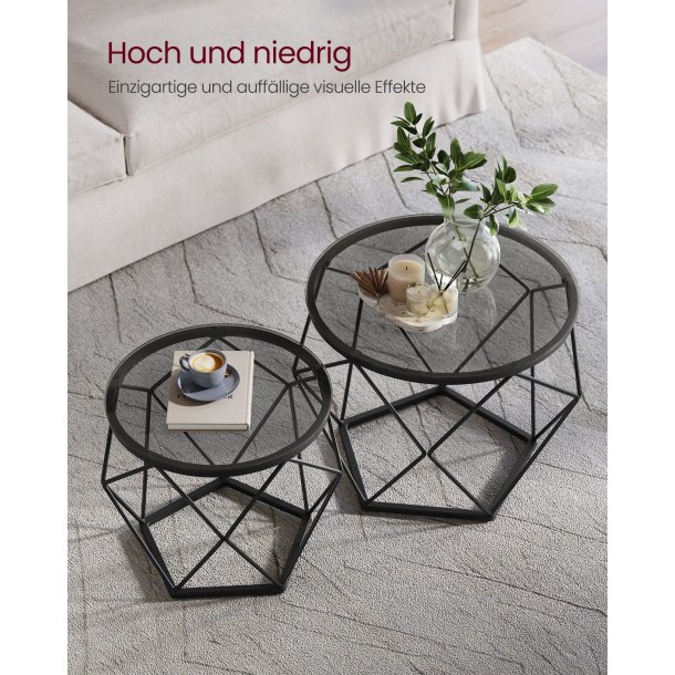 Sofabordss�t - 2 sideborde - runde sofaborde - sorte glasbord