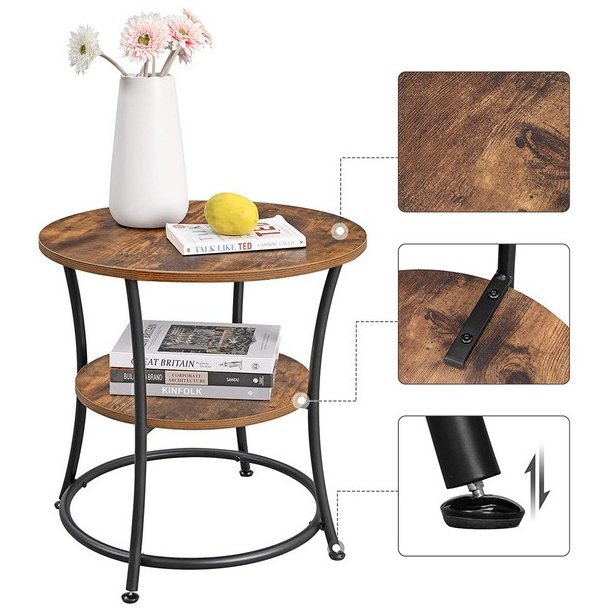 Sidebord i industrielt design - rundt med hylde - rustik brun