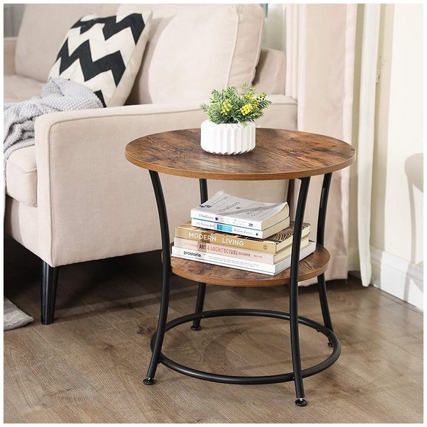 Sidebord i industrielt design - rundt med hylde - rustik brun