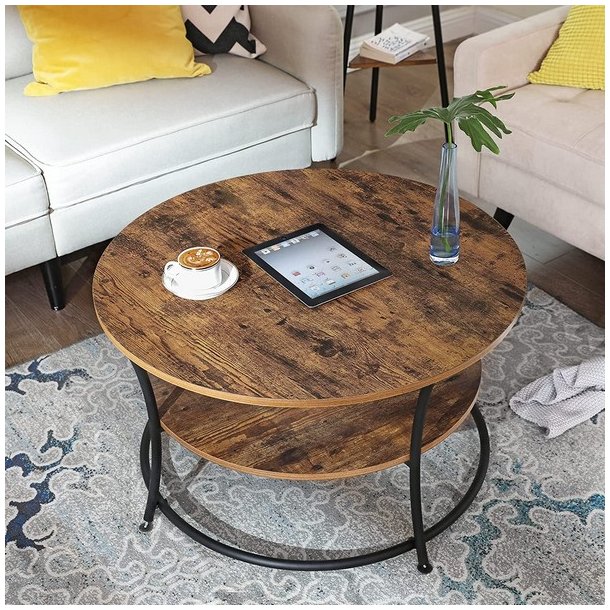 Sofabord - rundt stuebord i industrielt design - rustik brun