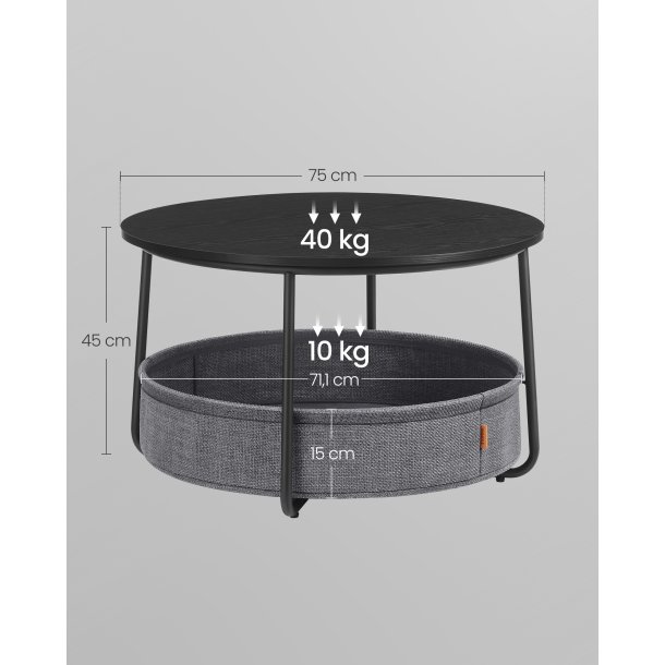 Sofabord - rundt stuebord med stofkurv - sort - �75 x H45 cm