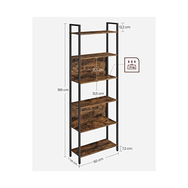 Bogreol med 6 hylder - stuereol - rustik brun 60 x 24 x 186