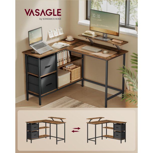 Hjrneskrivebord med skrmstativ - rustik brun 105x115