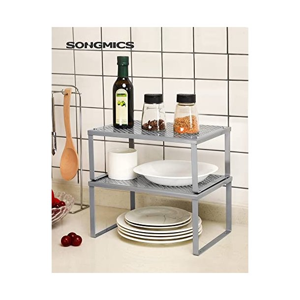 Hylder til bord - s�t med 2 stabelbare k�kkenhylder - gr� metal