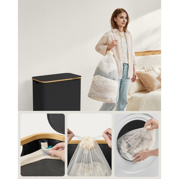 Vasket�jskurv med 2 rum - 2 vasket�jsposer - 130 liter - sort