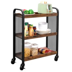 Serveringsvogn p� hjul - barvogn med 3 hylder - rustik brun