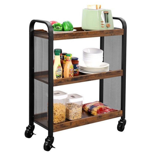 Serveringsvogn p� hjul - barvogn med 3 hylder - rustik brun