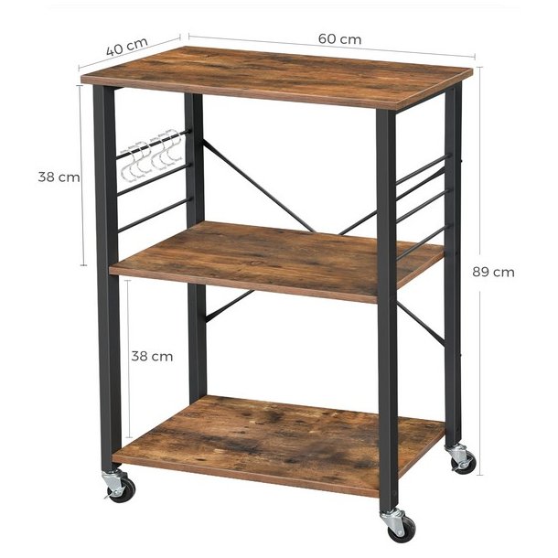 Rullebord med 3 hylder - k�kkenvogn - rustik brun 60x40x89