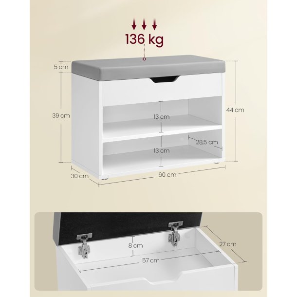 Skob�nk - siddeb�nk og opbevaringsb�nk med skohylder - hvid