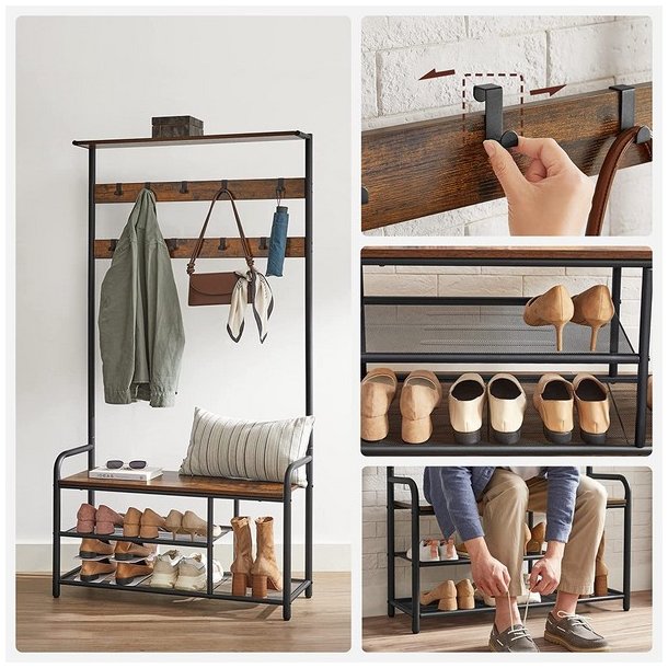 Garderobestativ med knager�kker, siddeb�nk og skohylder - brun