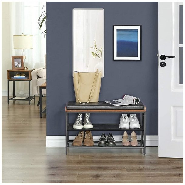 Skob�nk med 2 hylder - siddeb�nk med skohylder - rustik brun