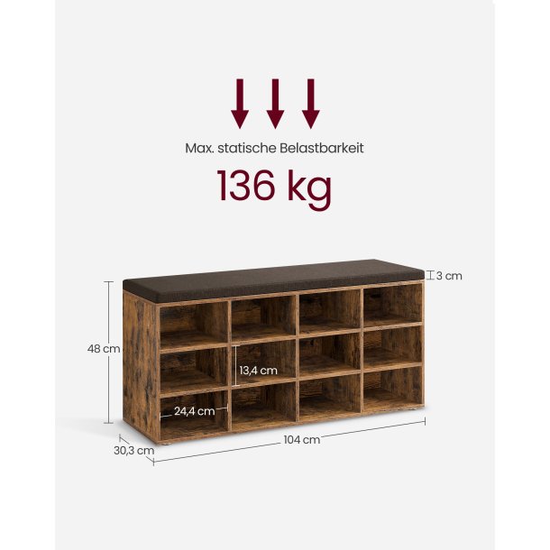 Skob�nk - siddeb�nk med skohylder - entreb�nk med skorum - rustik brun