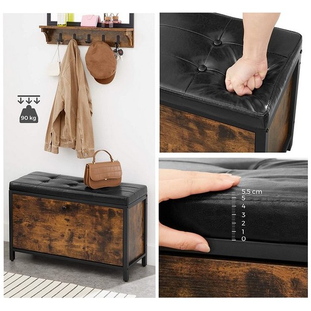 Skob�nk med skoskab til sko - polstret siddeb�nk - rustik brun