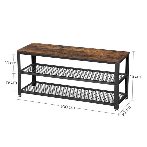 Skob�nk med 2 hylder - siddeb�nk med skohylder - rustik brun