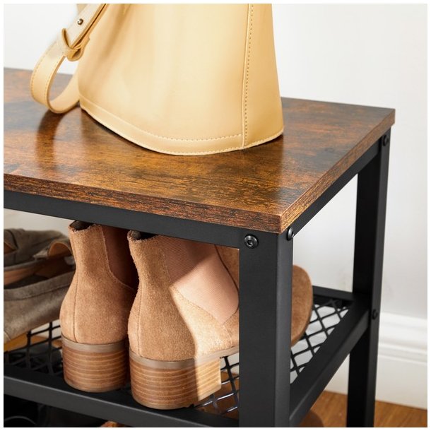 Skob�nk med 2 hylder - siddeb�nk med skohylder - rustik brun
