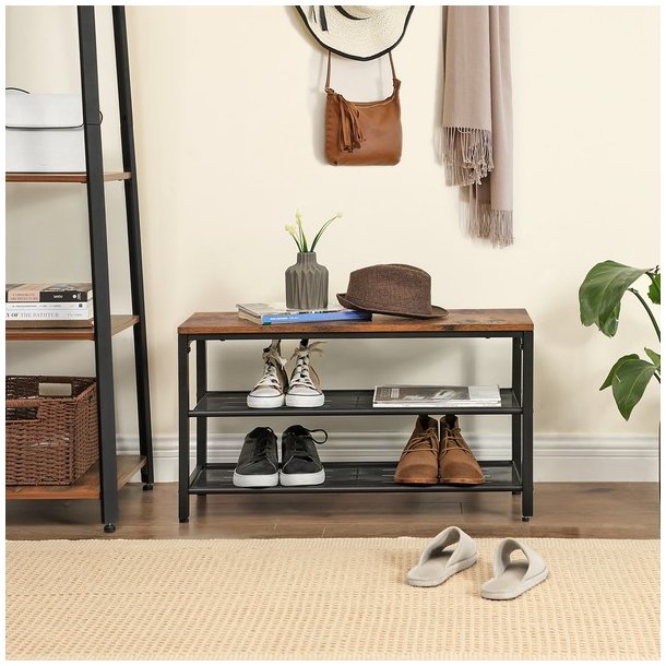 Skob�nk med 2 hylder - siddeb�nk med skohylder - rustik brun