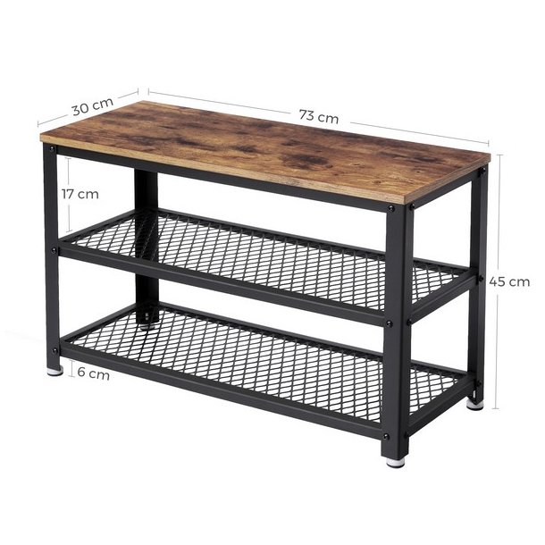 Skob�nk med 2 tr�dhylder - siddeb�nk med skohylder - rustik brun