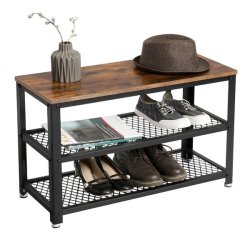 Skob�nk med 2 tr�dhylder - siddeb�nk med skohylder - rustik brun