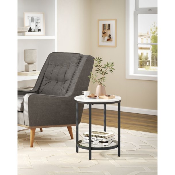 Sidebord - rundt sofabord med hvid bordplade og sort stel